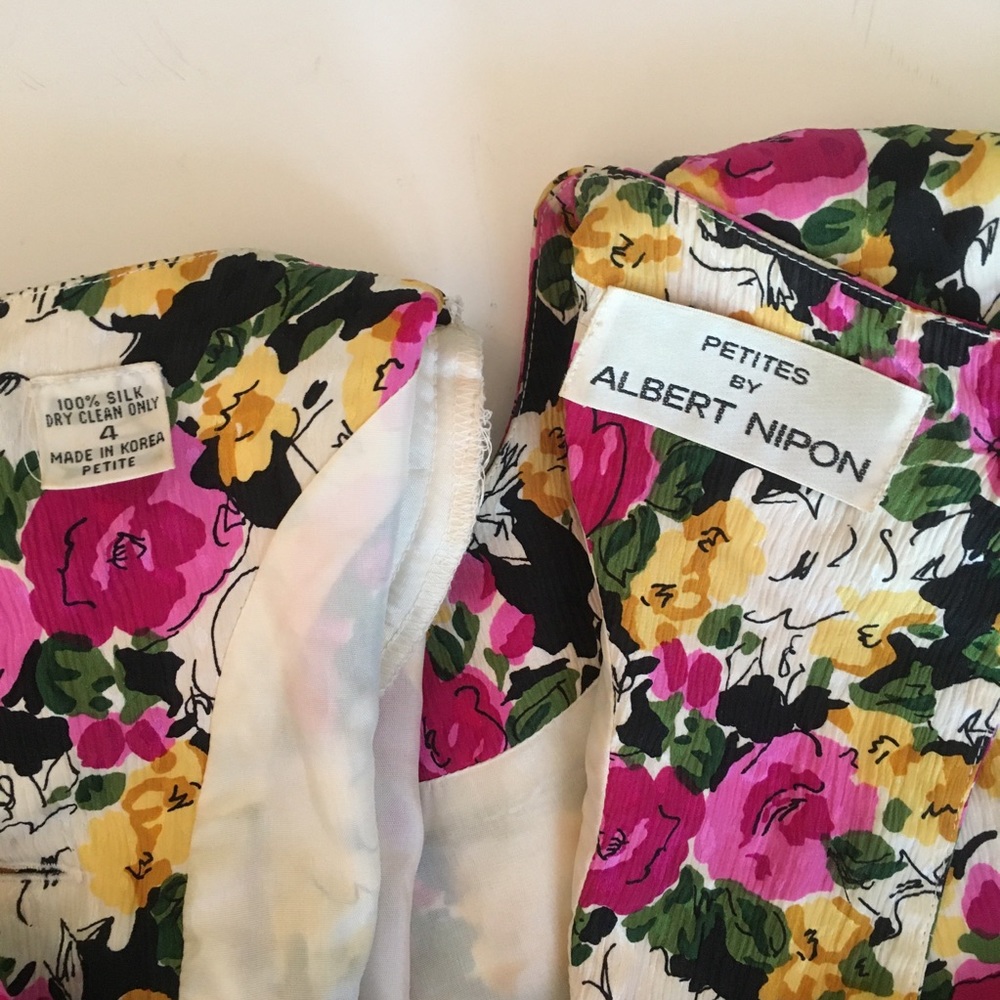 Vintage Albert Nipon Floral Silk Dress short sleeves 4 Pink Black Yellow White - Picture 4 of 6